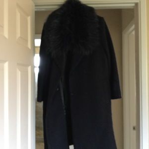 Anthropologie navy coat with fur collar
